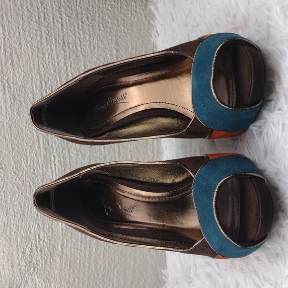 Anne Michelle Flare Brown Multicolored Faux Suede Almond Peep Toe Stiletto Heel - Picture 3 of 16
